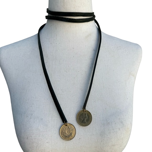 Vintage Jewelry - Vintage British Half Penny Coin Leather Wrap Choker Lariat Necklace 1942 1958
